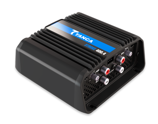 Amplificador Automotivo, linha Street, modelo 400.4, Tanca car Áudio - Vista em perspectiva.